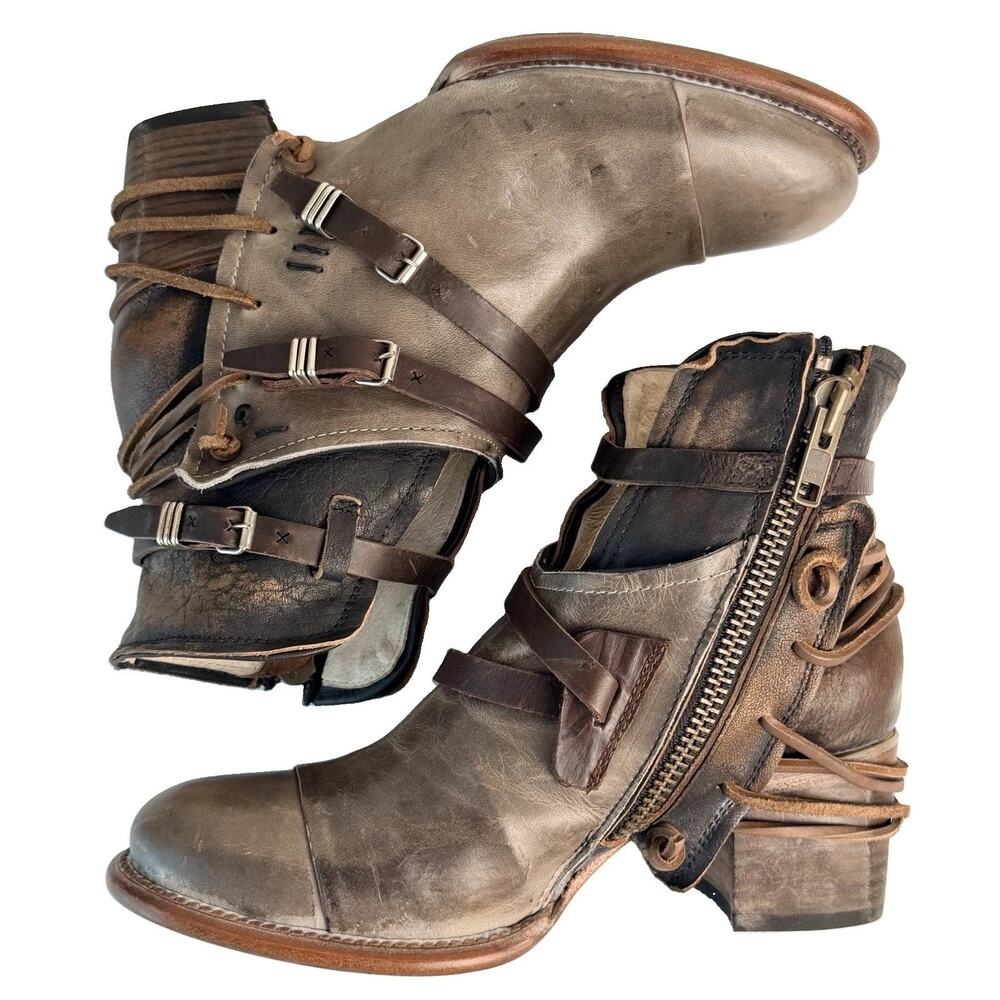 Freebird by Steven Crue Boots 11 Grey Leather Strap Zip Distressed Bootie EUC - Picture 5 of 9